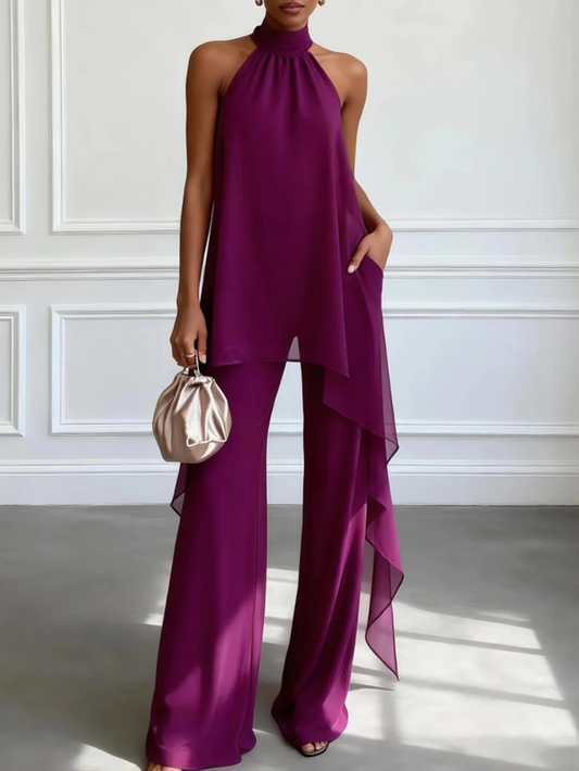 Conjunto de dos piezas - Elegante top sin mangas con cuello halter morado y pantalón.