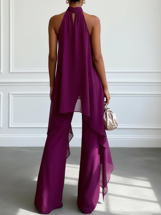 Conjunto de dos piezas - Elegante top sin mangas con cuello halter morado y pantalón.