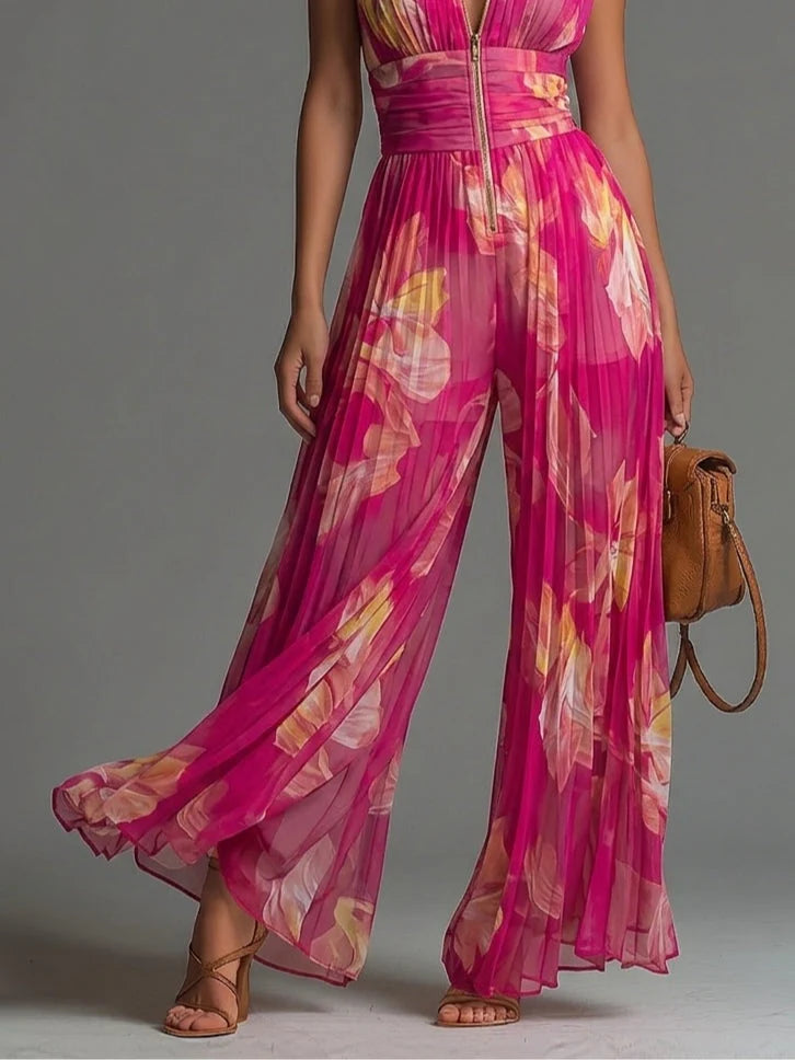 Mono floral de gasa sin mangas con cremallera y pierna ancha
