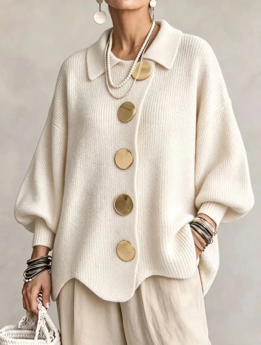 Stefania - Cárdigan Oversize con Cuello y Botones Metálicos