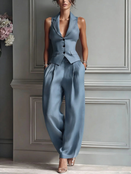 Traje de dos piezas con cuello en V y botones para mujer
