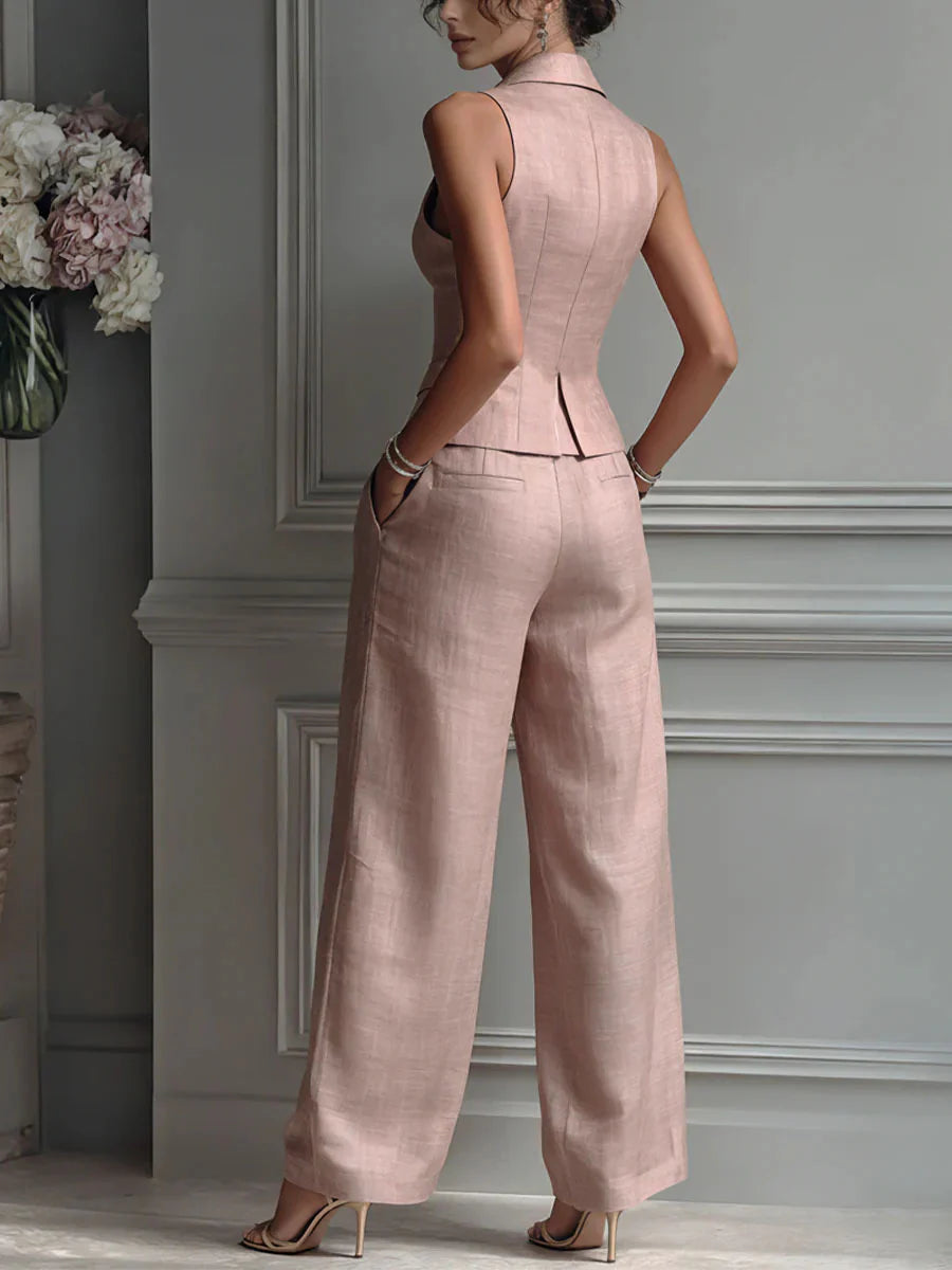 Traje de dos piezas con cuello en V y botones para mujer