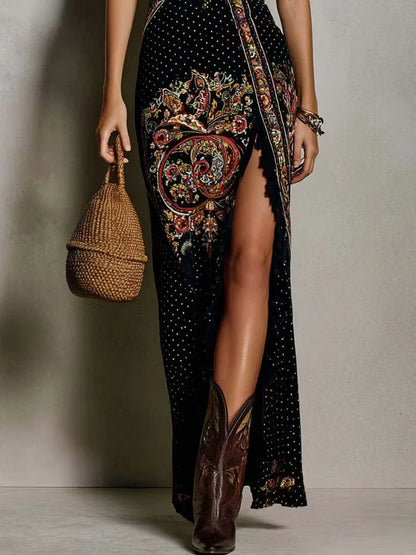 Vestido estampado de estilo bohemio con escote en V profundo y abertura alta