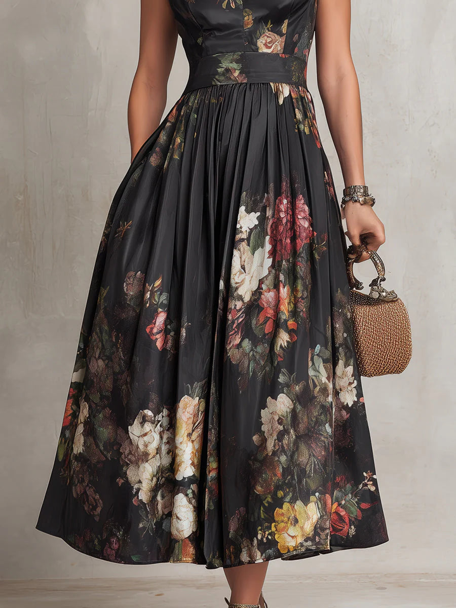 Vestido midi negro de satén plisado con cuello de ojo de cerradura y estampado floral